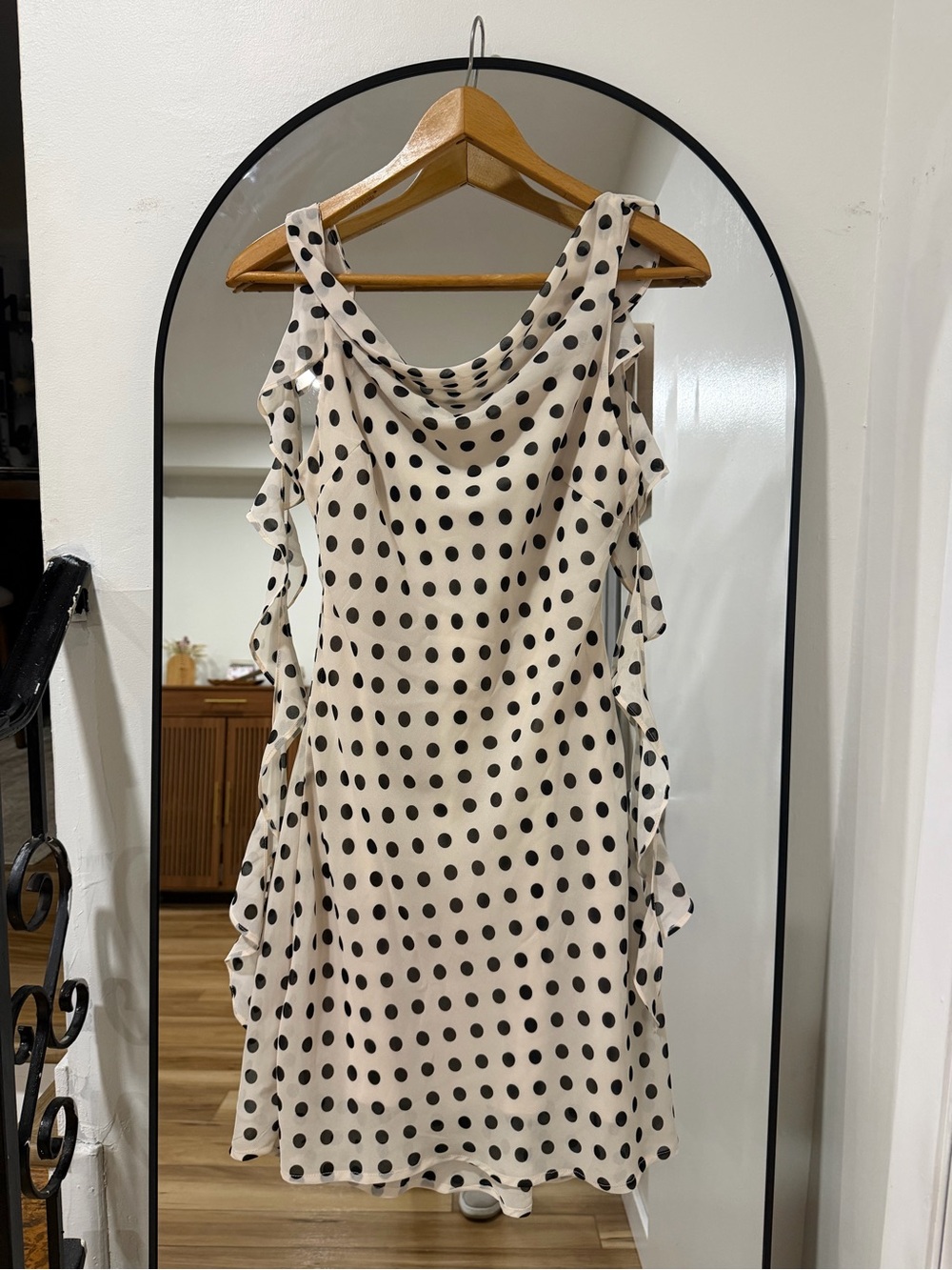Cream Polka Dot Cowl Neck Mini Dress with Ruffle Details